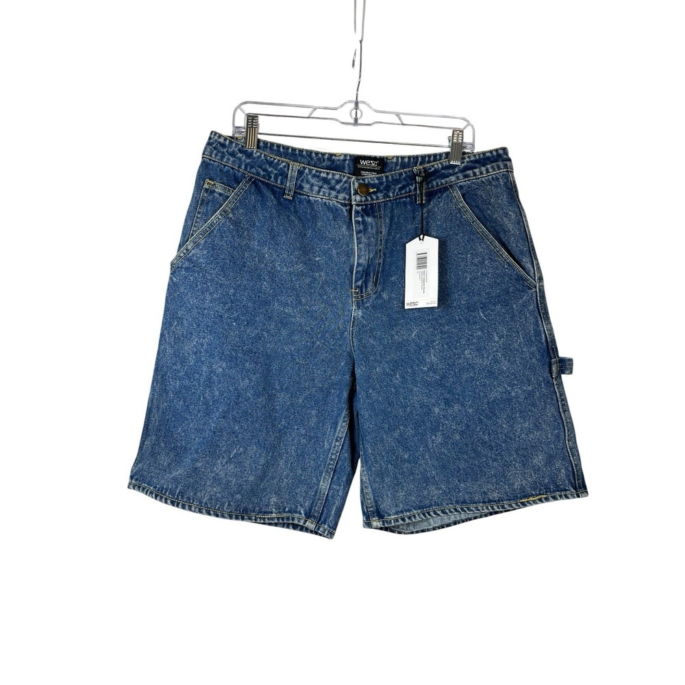 NWT WeSC Sz 33 Denim Carpenter Shorts Mid Wash Blue Utility Cargo 9" Inseam New